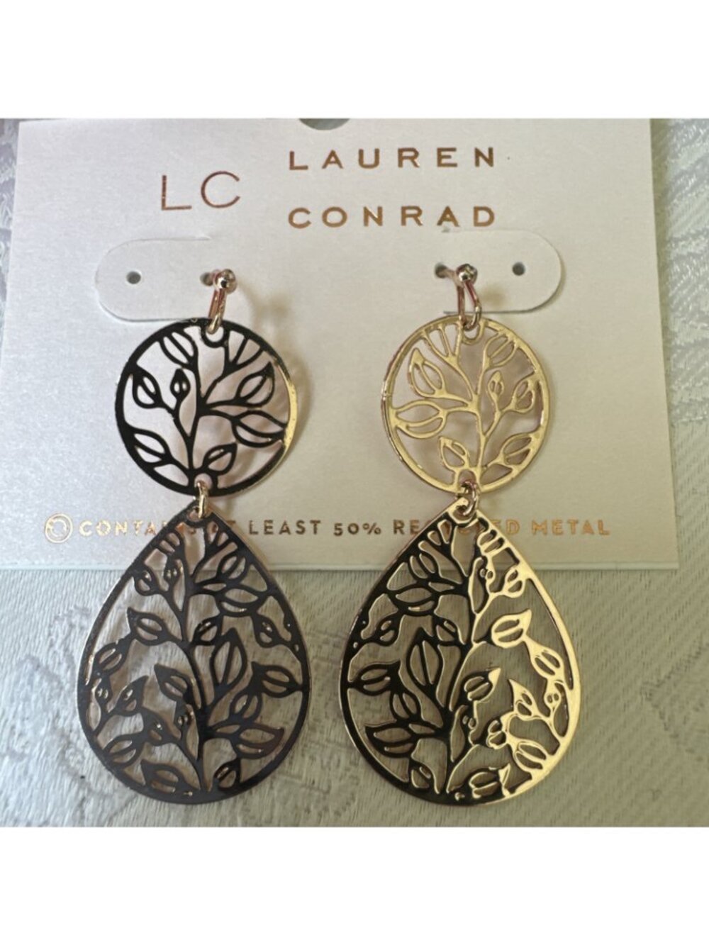 LC Lauren Conrad Earrings Filigree Tree of Life Gold Tone Dangle 2" NEW - Picture 2 of 4